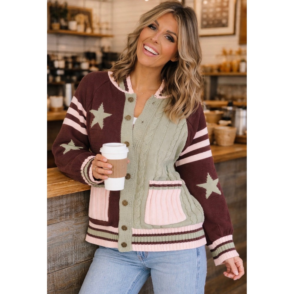 Everyday Chic Willow Haven Knit Cardigan Choco Multi Star Stripe Sweater Medium
